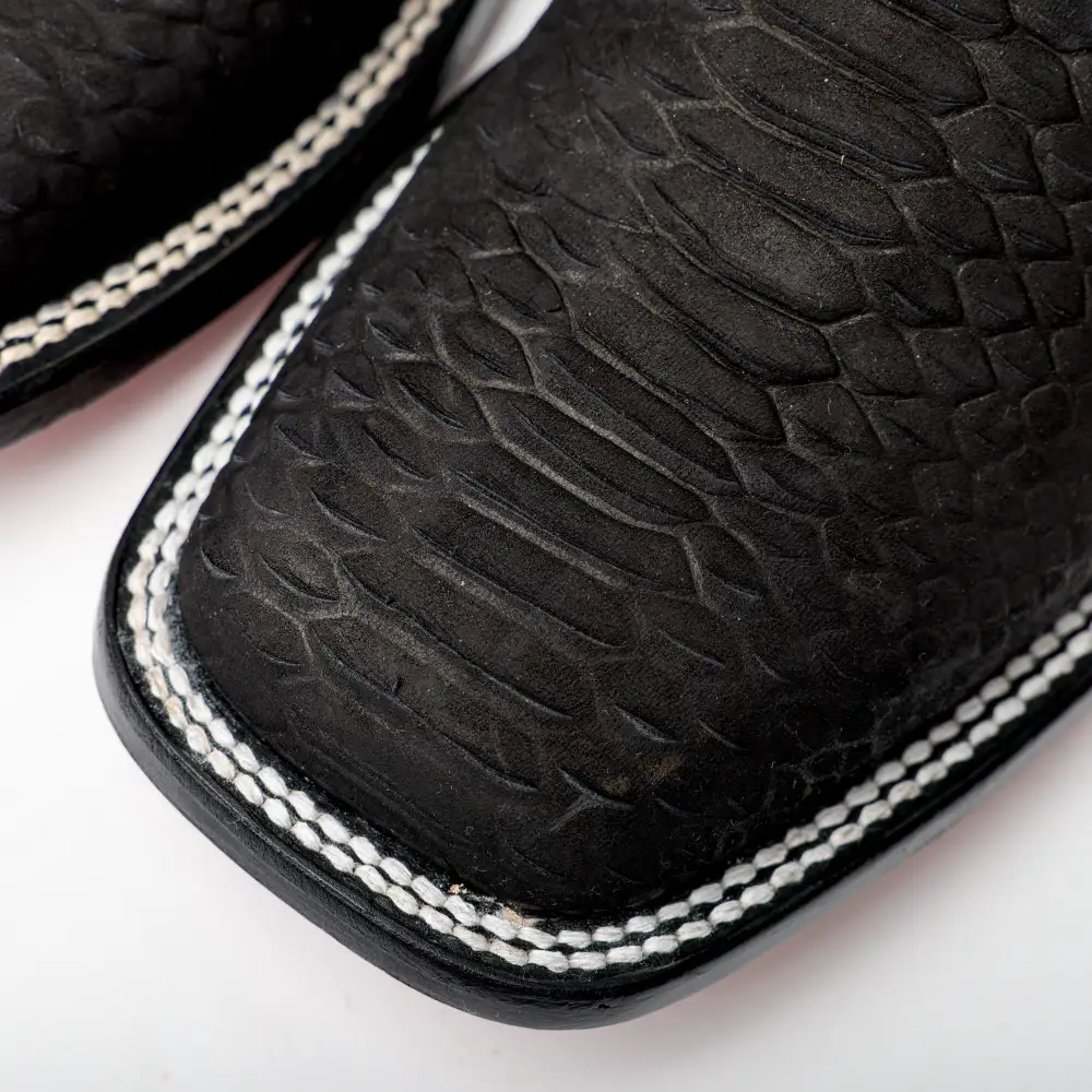 Matte Black Python Leather Boots - Square Toe