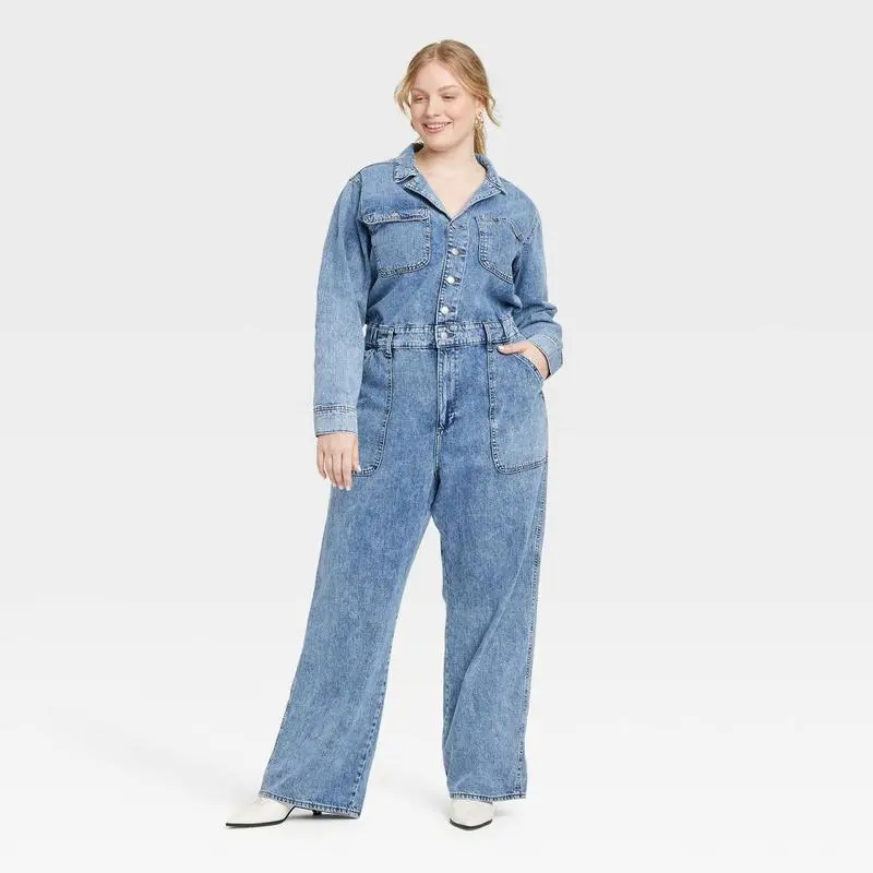 Women's Long-Sleeve Baggy Utility Denim Jumpsuit
