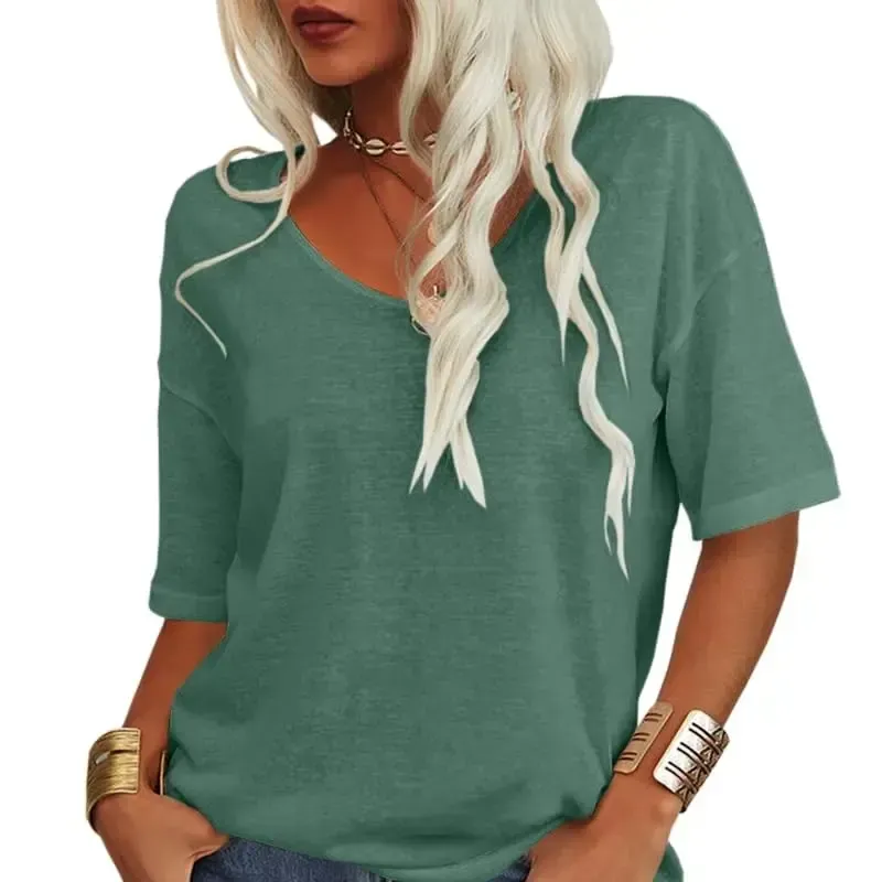 Women Soft V Neck Tshirt Half Sleeve Lightweight Solid Color Loose Fit Minimalist Top