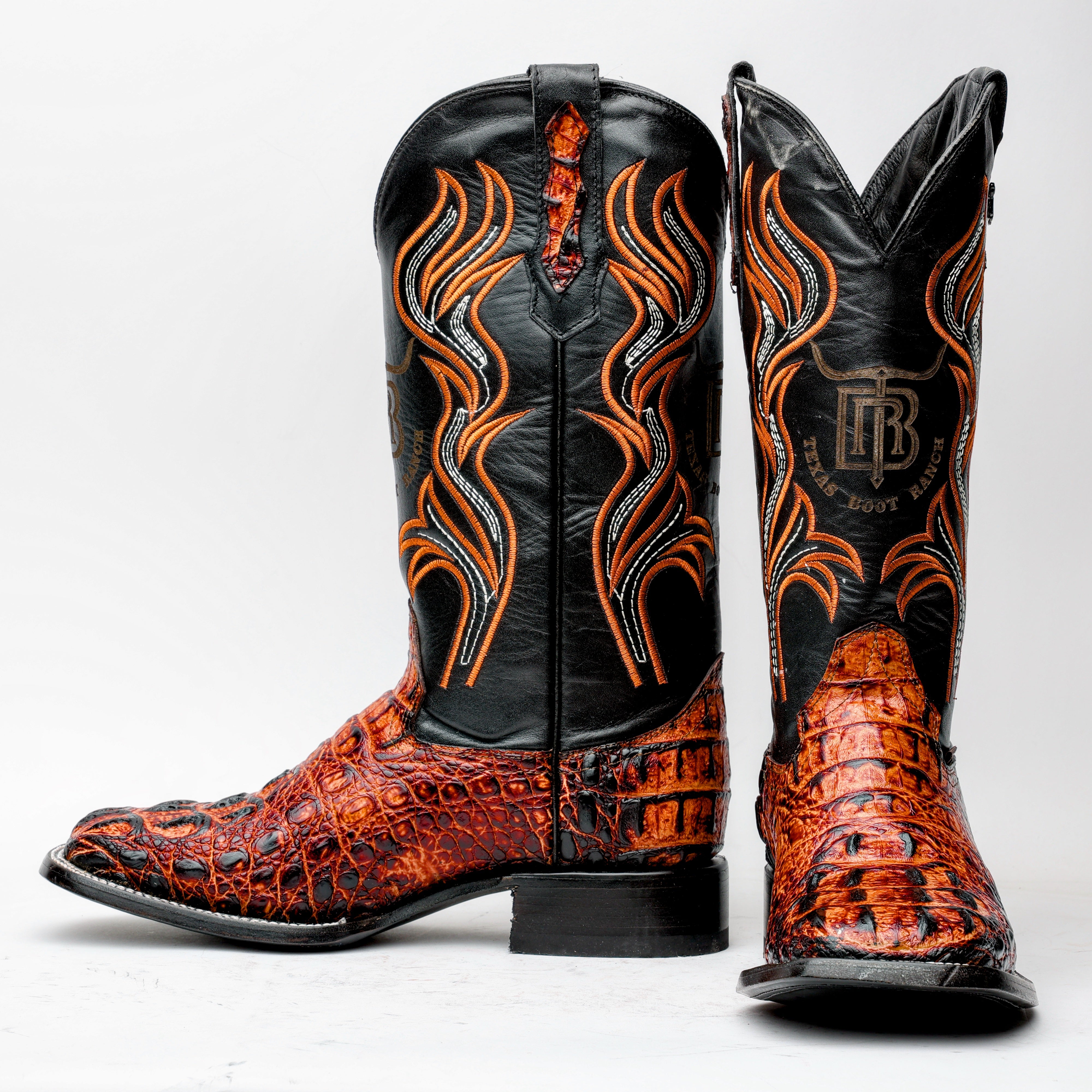 Cognac Caiman Neck Leather Boots - Square Toe