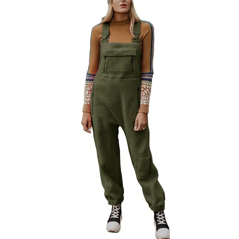 Women's Fleece Warm Overalls Winter Loose Casual Jumpsuits with Pockets