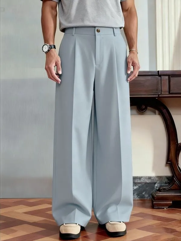 Men's Casual Versatile Solid Color Wide Leg Pants, Unique Button Design, Fitted Style