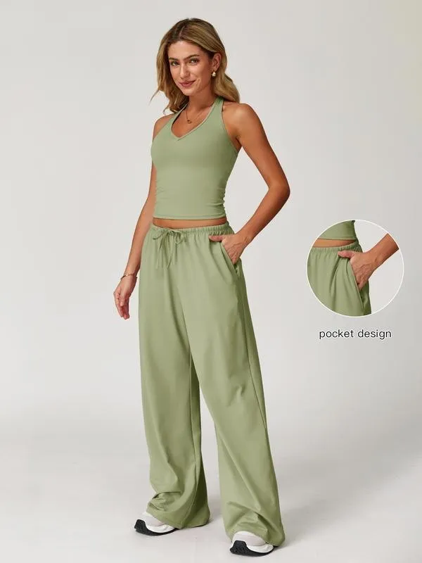 Women's Solid Crop Tank Top & Wide Leg Pants Set (Just $3 a set!)