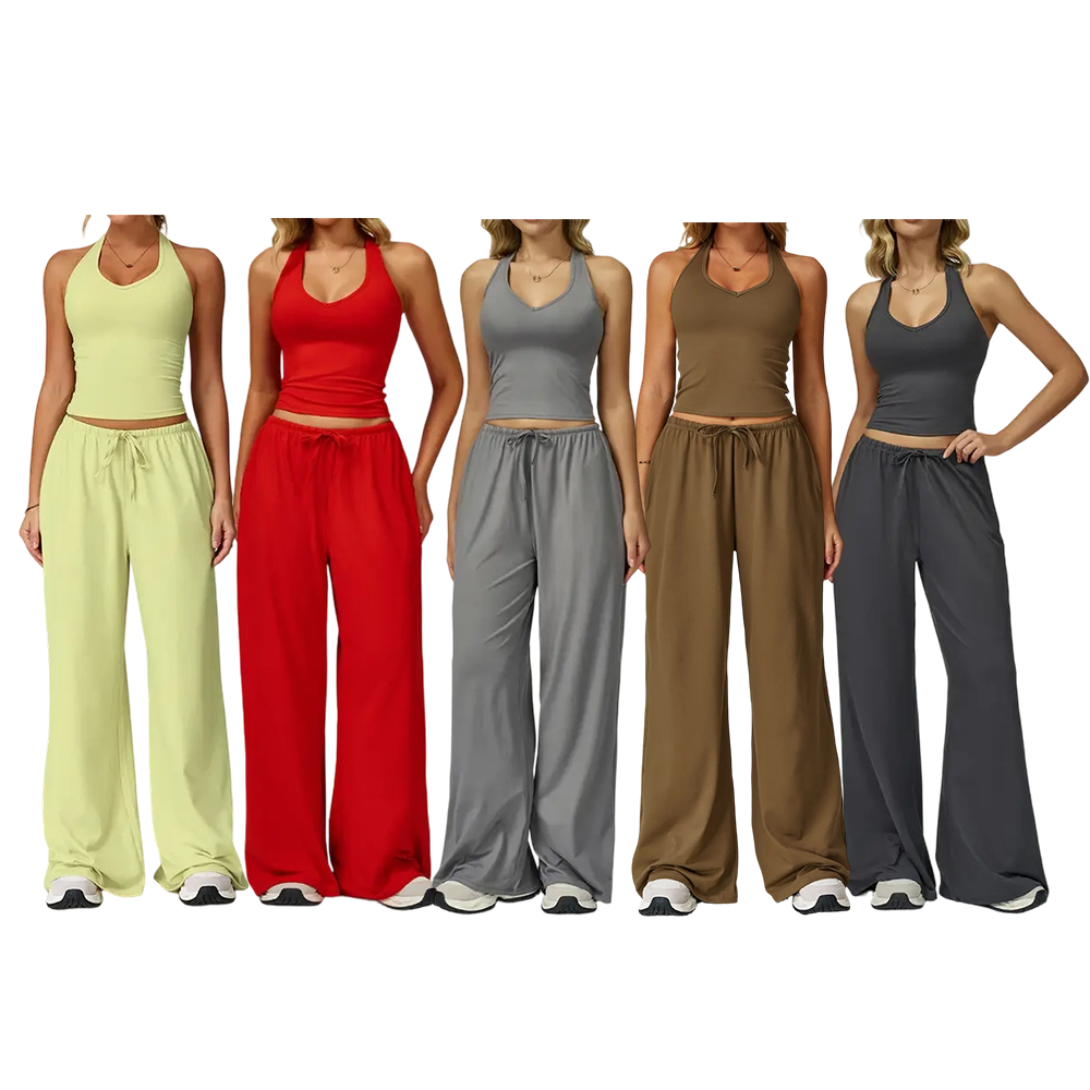 Mother's Day Gifts, Matching Sets Women 2 Piece Sets Summer Casual V Neck Top Wide Leg Pants Womens Holiday Travel Wear Fabric Breathable Summer Casual Clothing Sportswear Gym Sets Casual Loose Long Pant