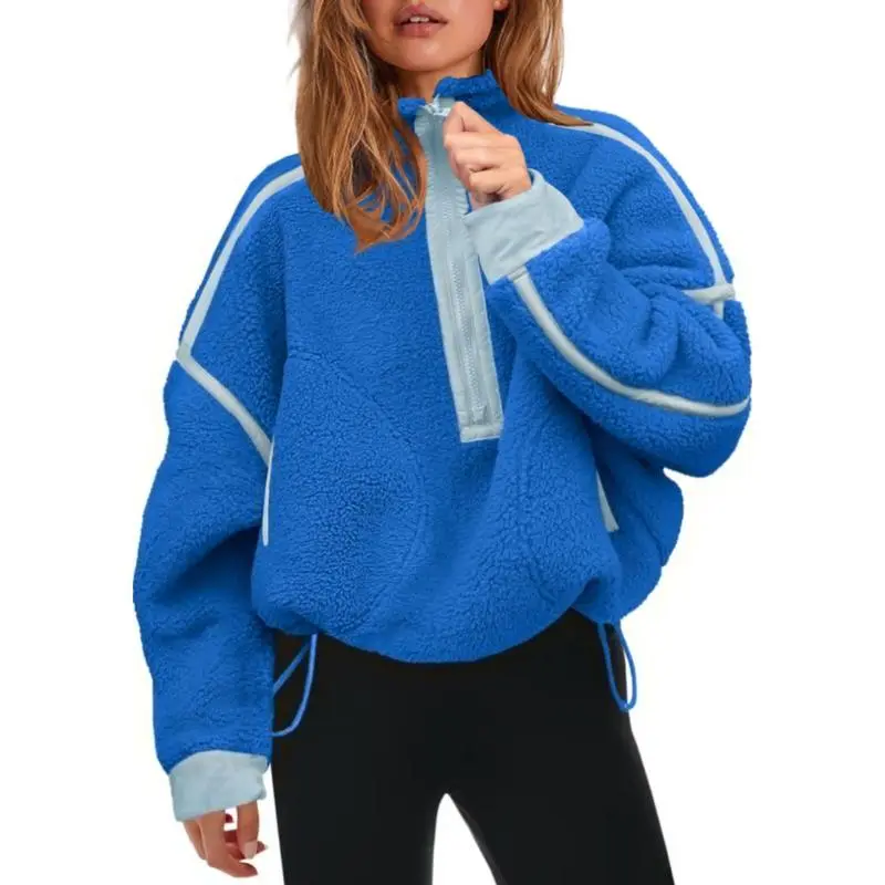 Women's Half Zip Sherpa Fleece Color Block Pullover Soft Oversized Sweatshirt