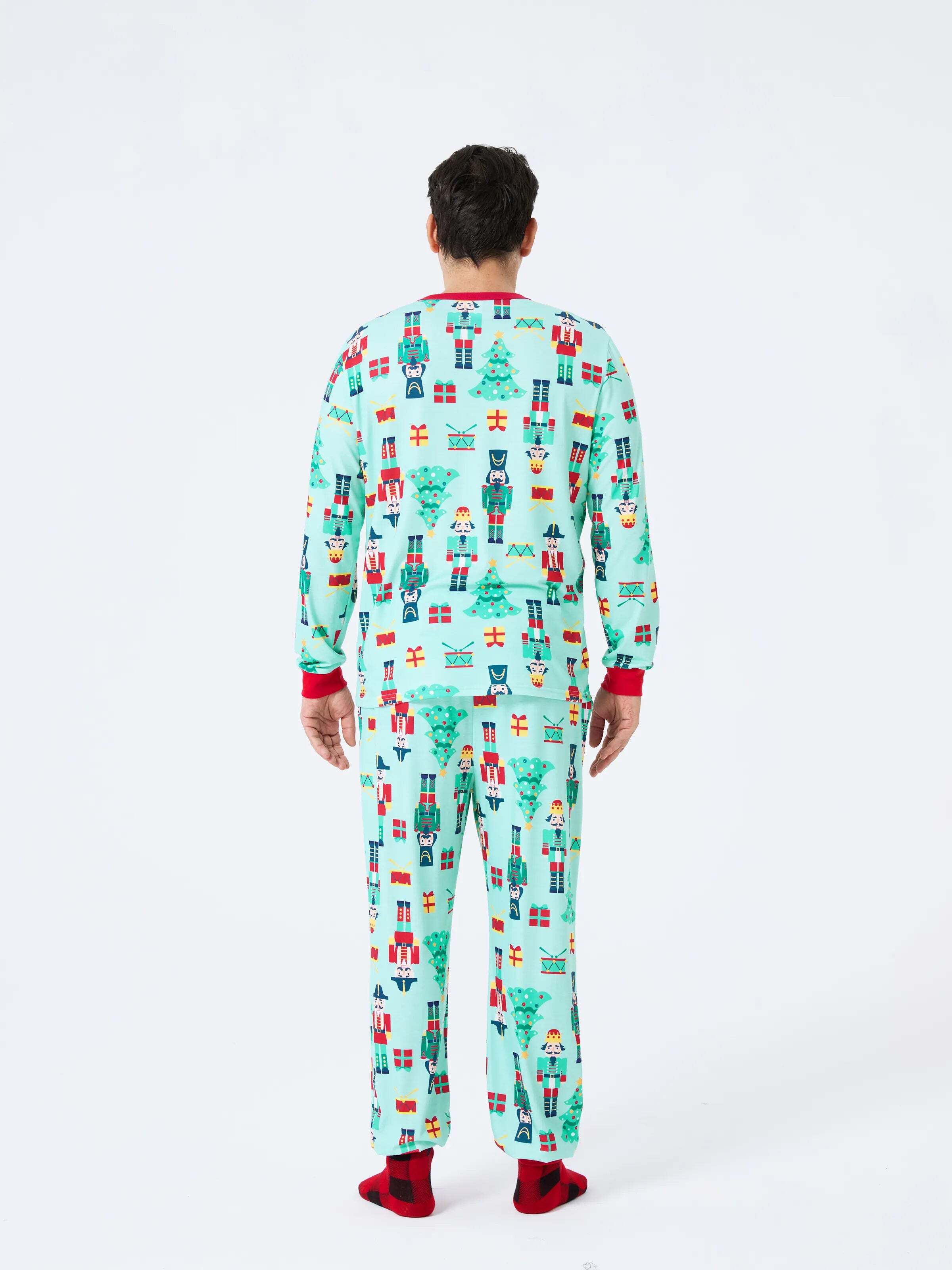 Christmas Matching Family Pajamas Set Soldier and Christmas Tree Print PJS with Christmas Socks Pale Green