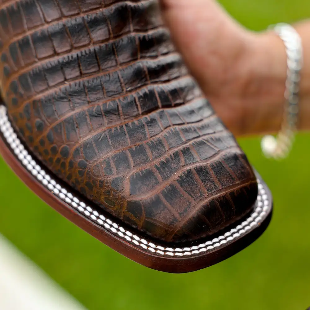 Brown Caiman Belly Leather Boots - Square Toe