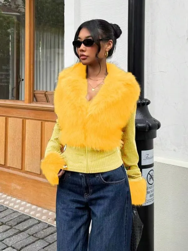 Women's Fashion Street Style Patchwork Knit Faux Fur Jacket