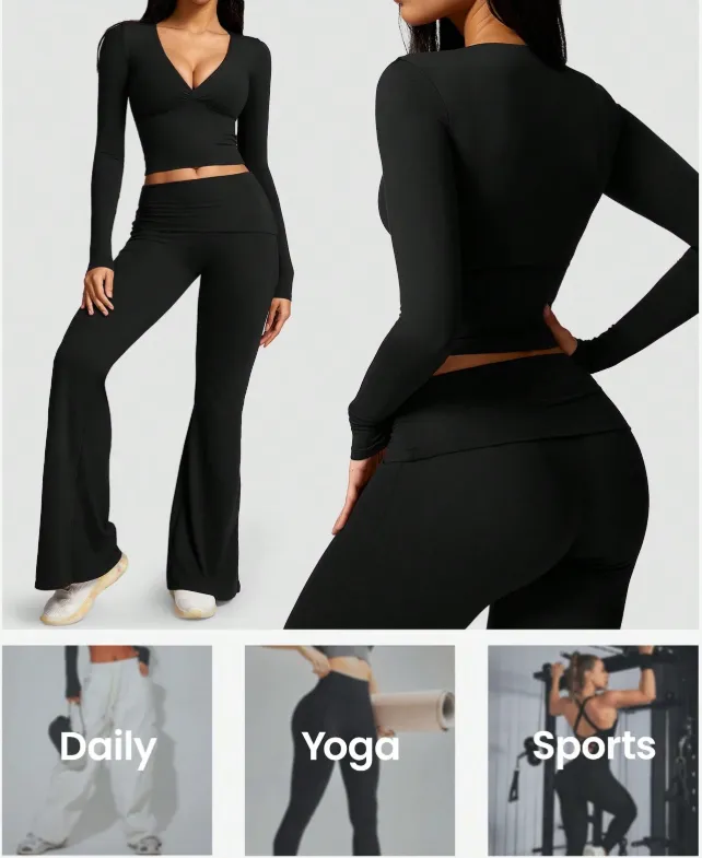 Women's High Elastic Soft V-Collar Flared Pants Set