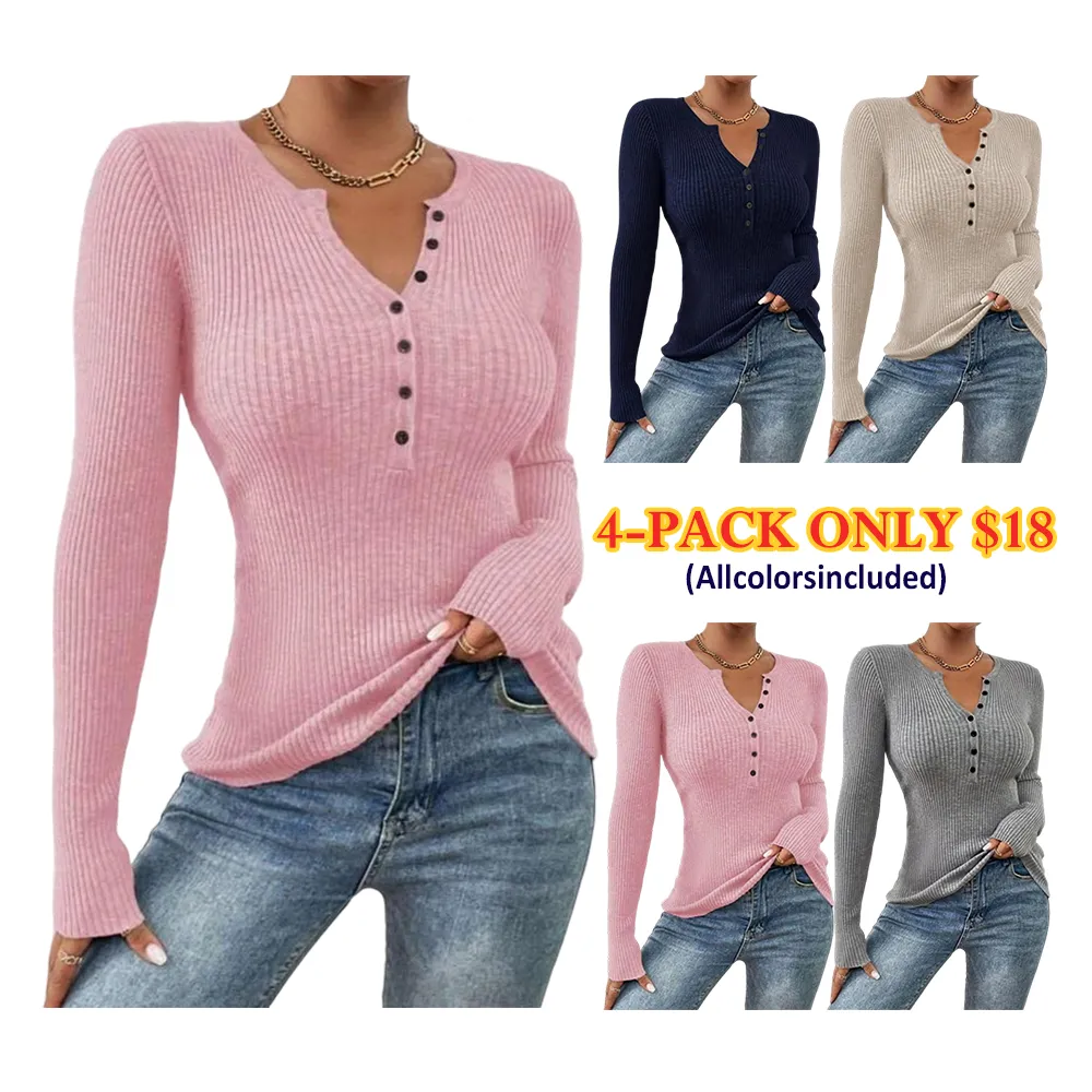 Women'S Plain Button Front Ribbed Sweater Tops