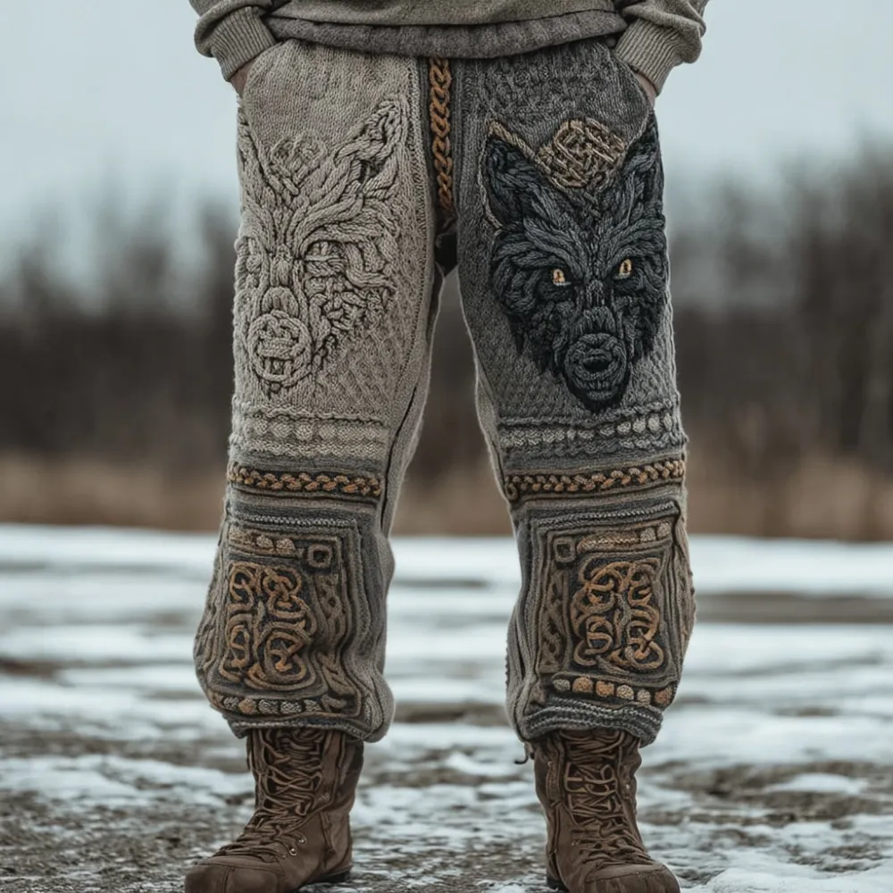 Men's Vintage Celtic Wolf Viking Cozy Knit Sweatpants