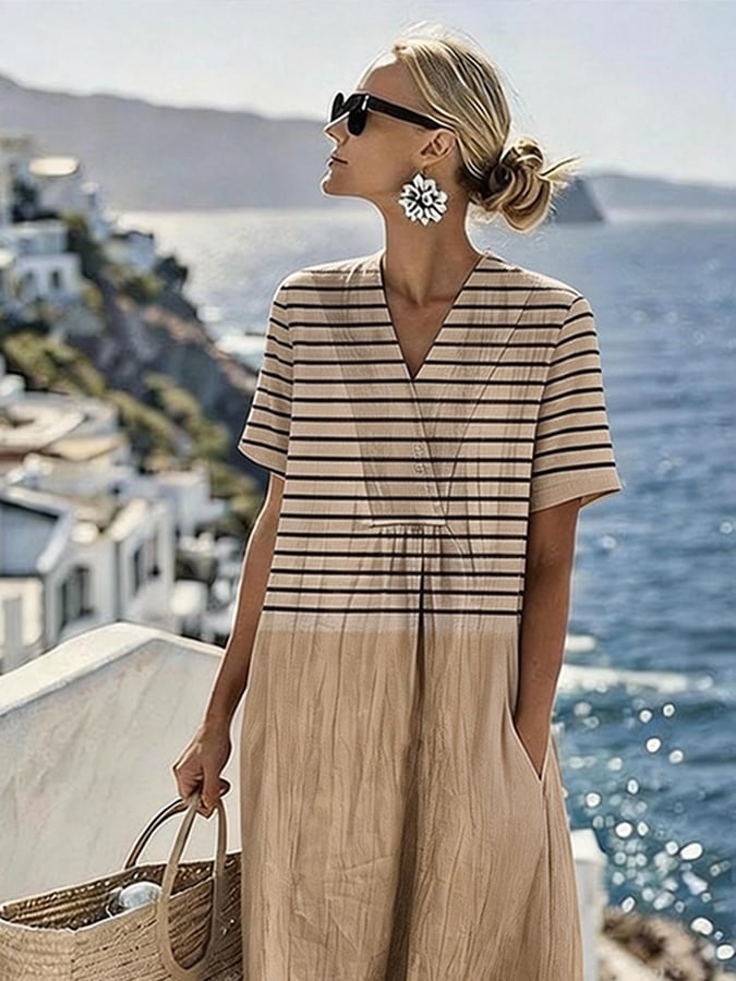 Women's Casual V-Neck Striped Loose Dress- Fast Shipping