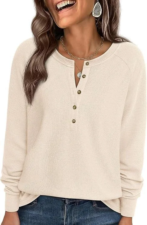 Women's Button Up Waffle Top Long Sleeve Knit Shirts Fall Casual Henley V Neck Tunic Tops