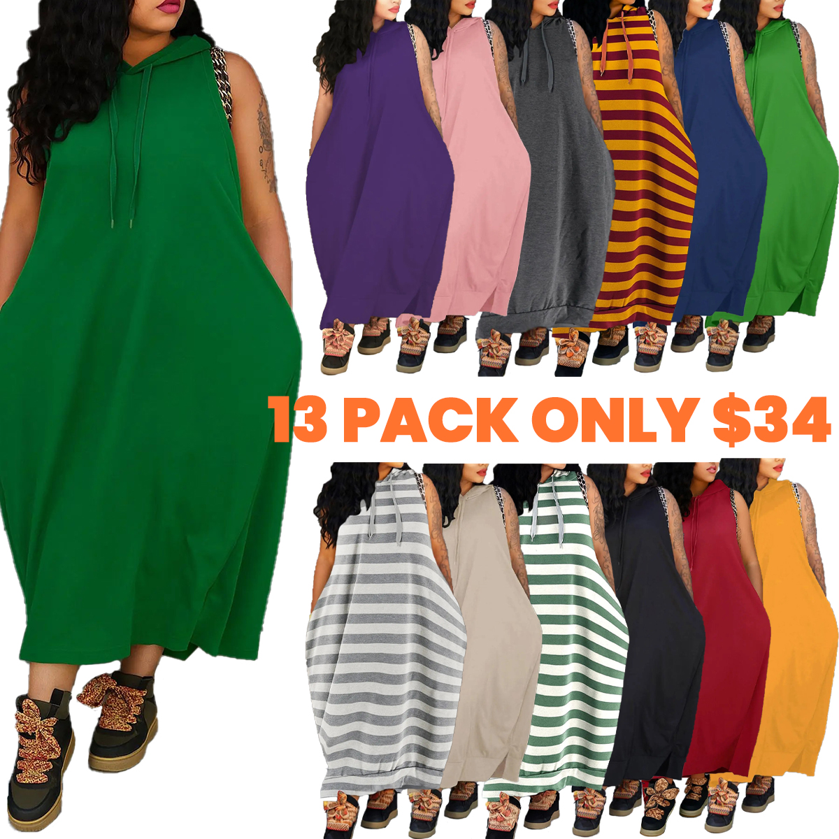 👍9 - PACK Women's Plain Drawstring Hoodie Tank Dress with Pocket for Summer