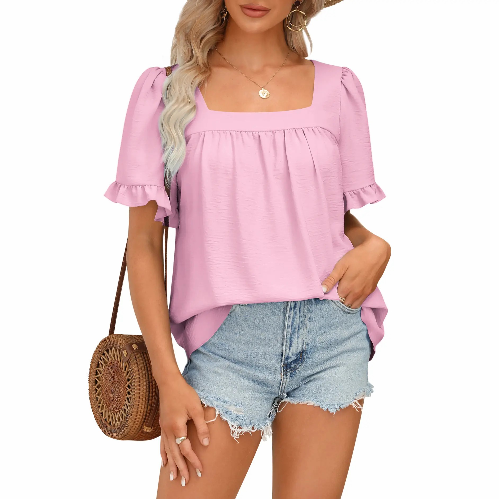 Women's Square Neck Peplum Blouse – Whimsical Ruffle Sleeve Cottagecore Top