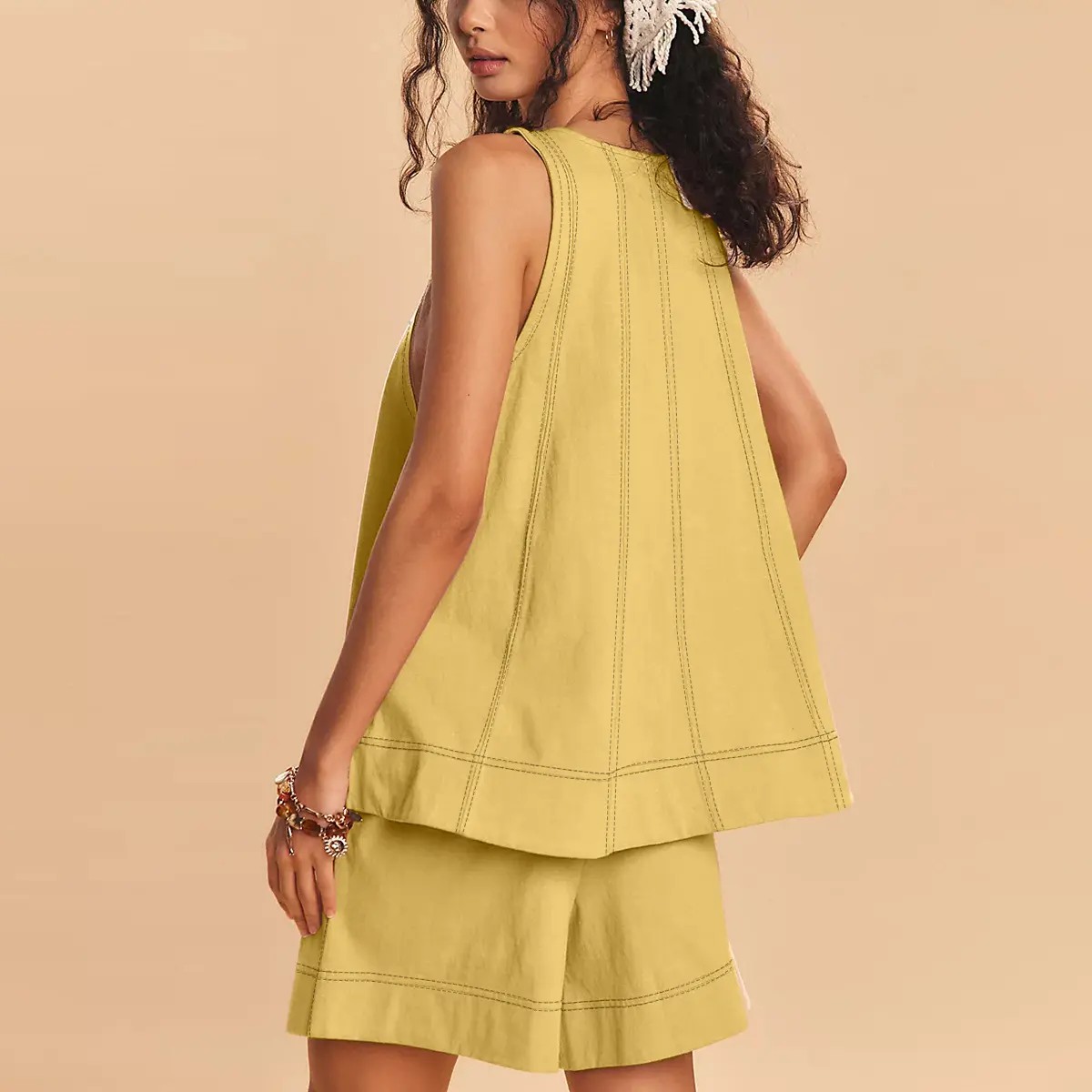 Women's 100% Cotton 2-Piece Set – A-Line Tank Top & High Waist Shorts with Pockets