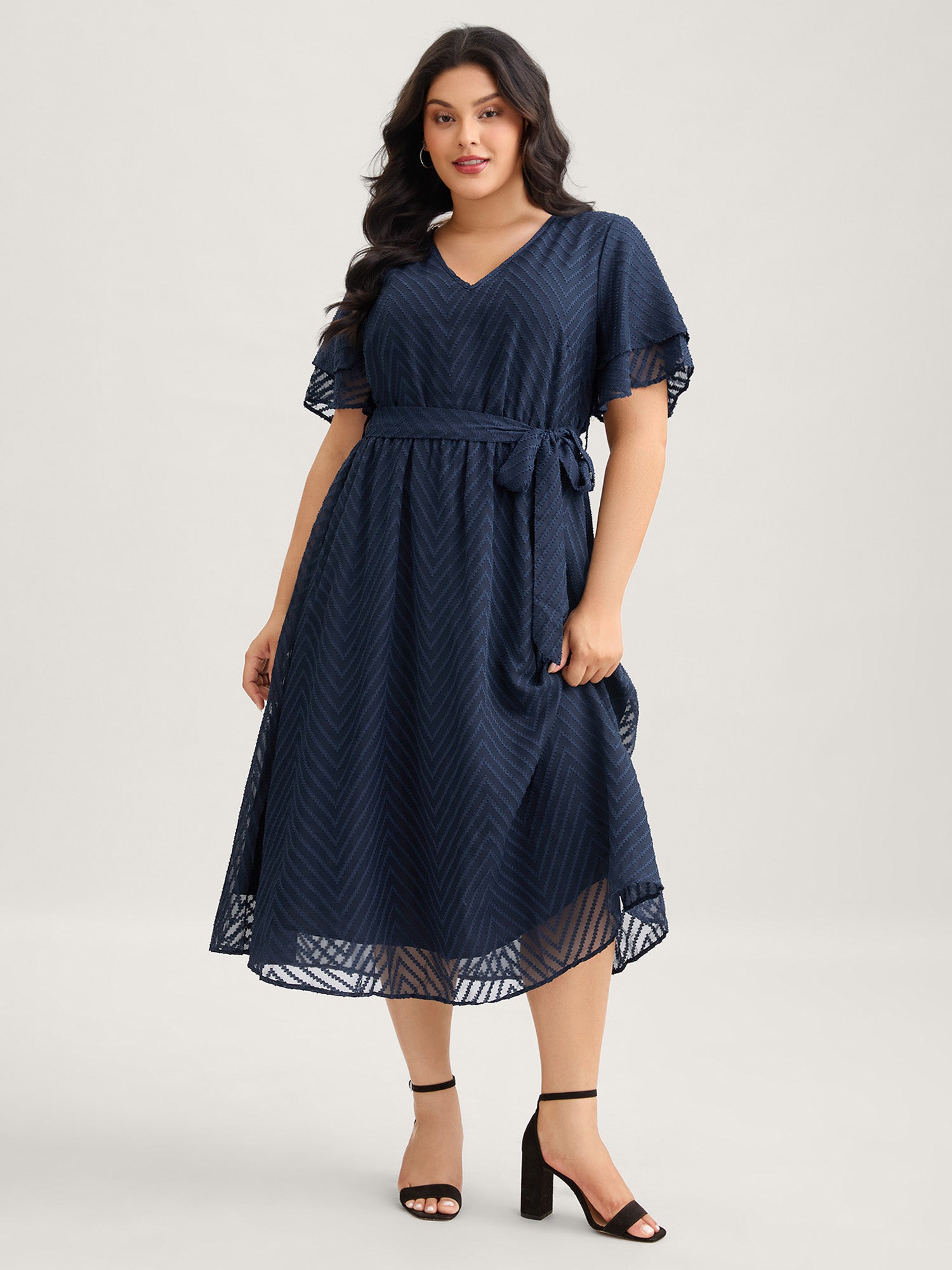 Texture Tiered Ruffle Sleeve See Through Dress