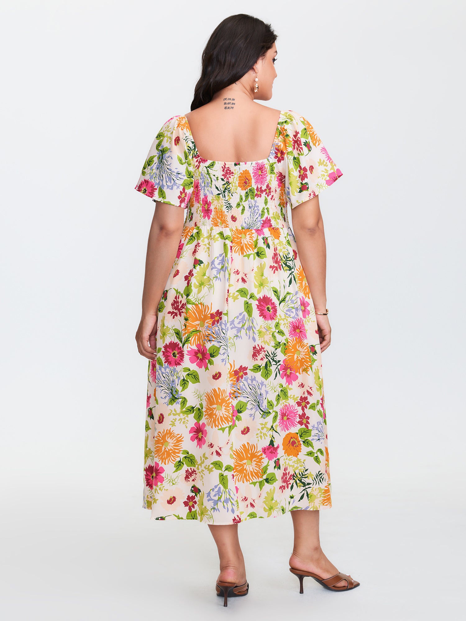 Floral Shirred Square Neck Pocket Midi Dress