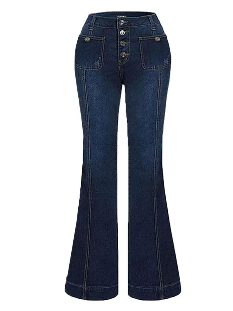 Women's Plain Button Pocket Flare Leg Jeans, Casual Bell Bottom Trousers for Daily Wear