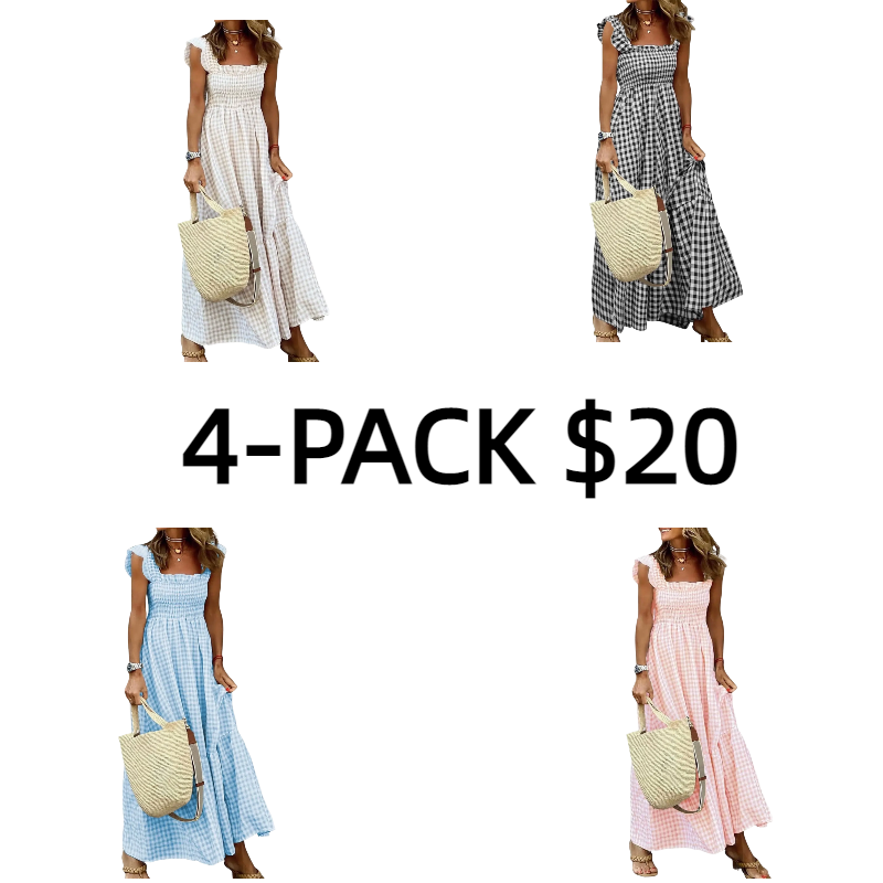 Women's Retro Plaid Smocked Dress Spaghetti Strap Flounce Long Casual Sleeveless Flowy Evening Fashion Basic with Pockets