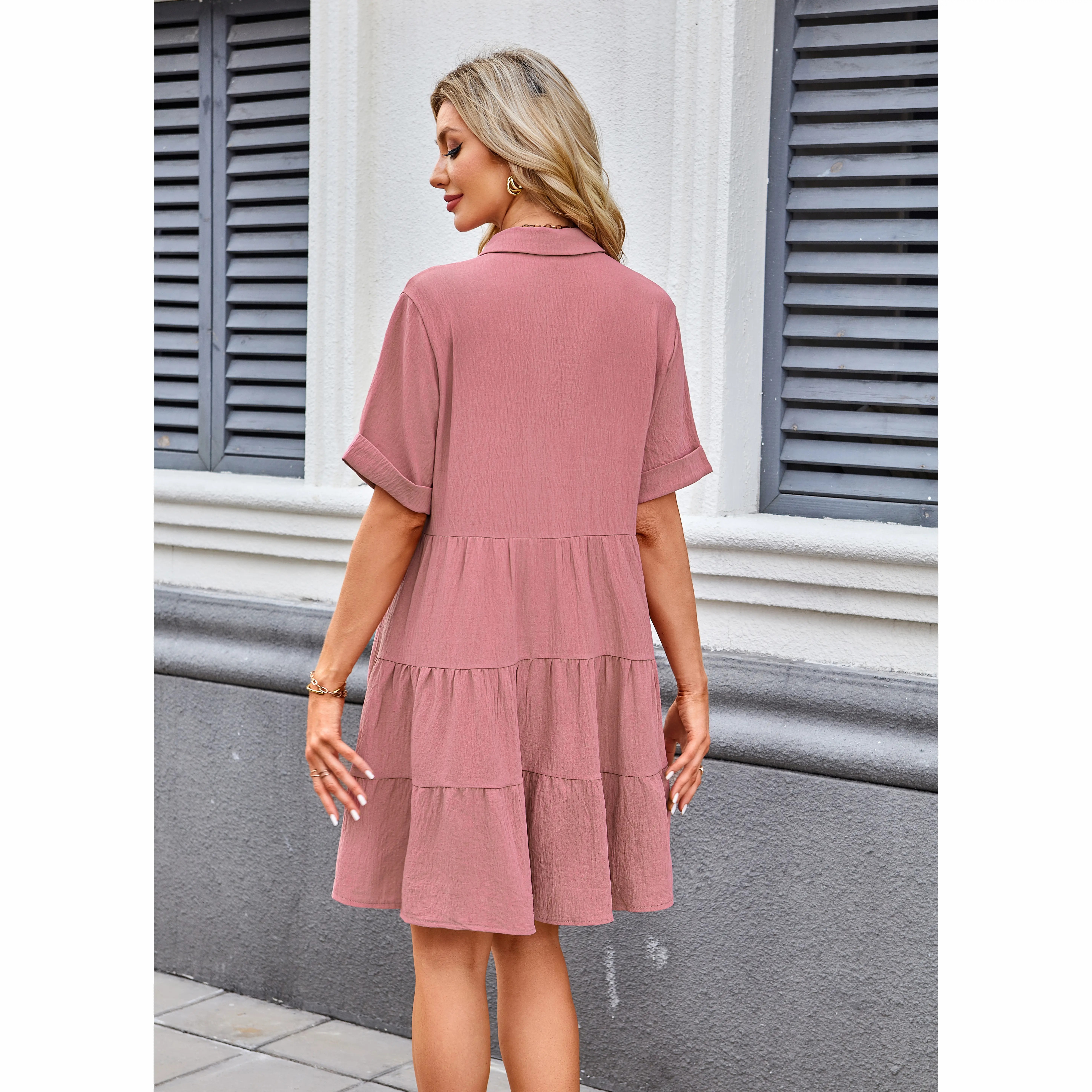 Women's Babydoll Mini Dress – Short Sleeve Button Down Flowy Tiered Dress with Pockets