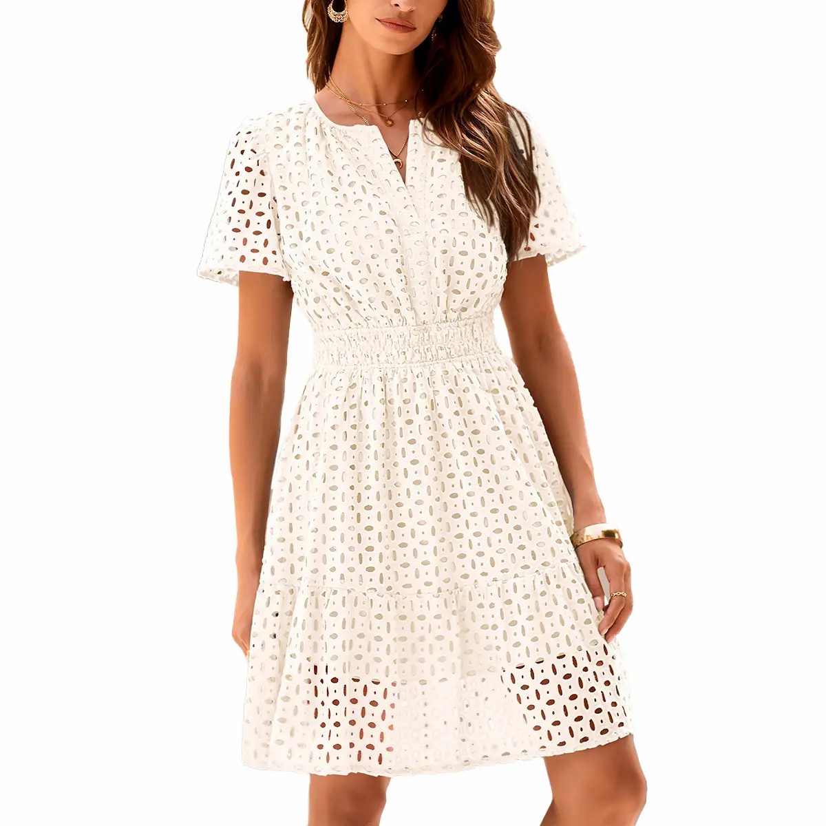 Women’s Eyelet Lace A-Line Summer Dress – V-Neck Ruffle Casual Mini Dress