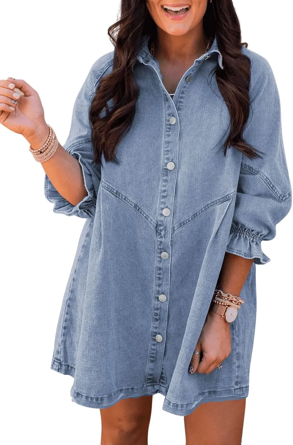 Washed Denim Puff Sleeve Mini Dress – Short-Length Collared Button Down with Ruffle Hem & Matte Silver Buttons