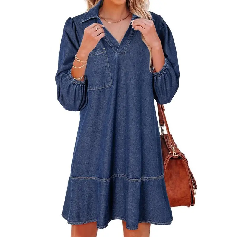 V Neck 3/4 Puff Sleeve Jean Dresses