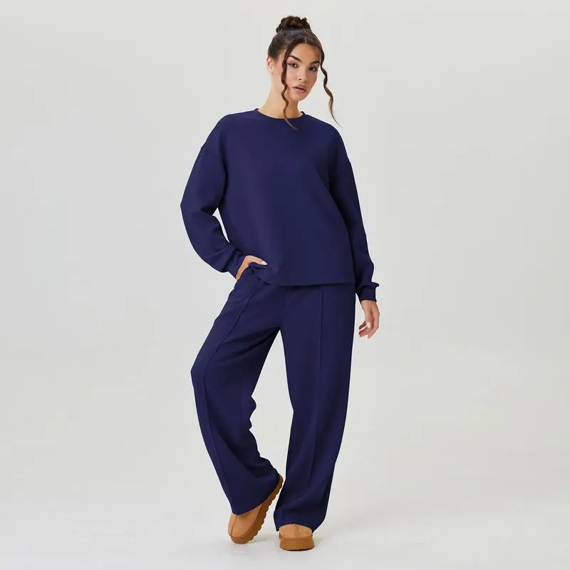 Women's Casual Solid Color Loose Long Sleeve Top & Exposed Stitches Trousers Co-ord