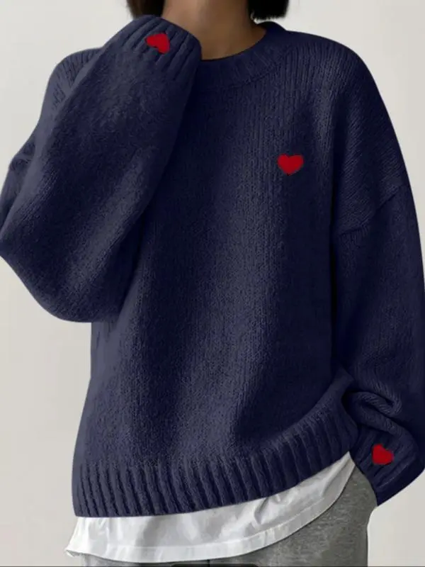 Women's Winter New Fashion Sweater, Embroidered Heart Knitwear