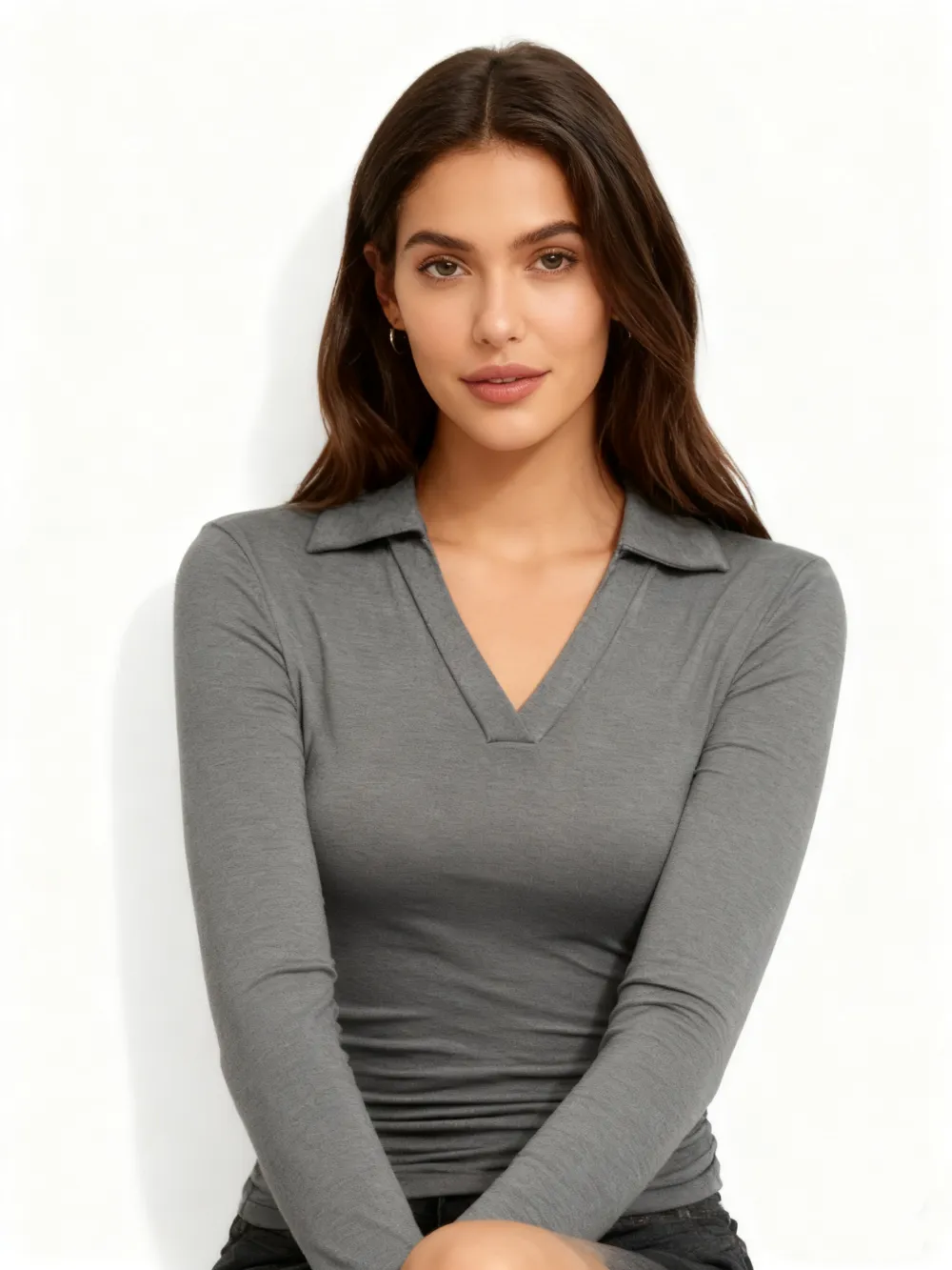 Knit Solid Color Long Sleeve V Neck Slim