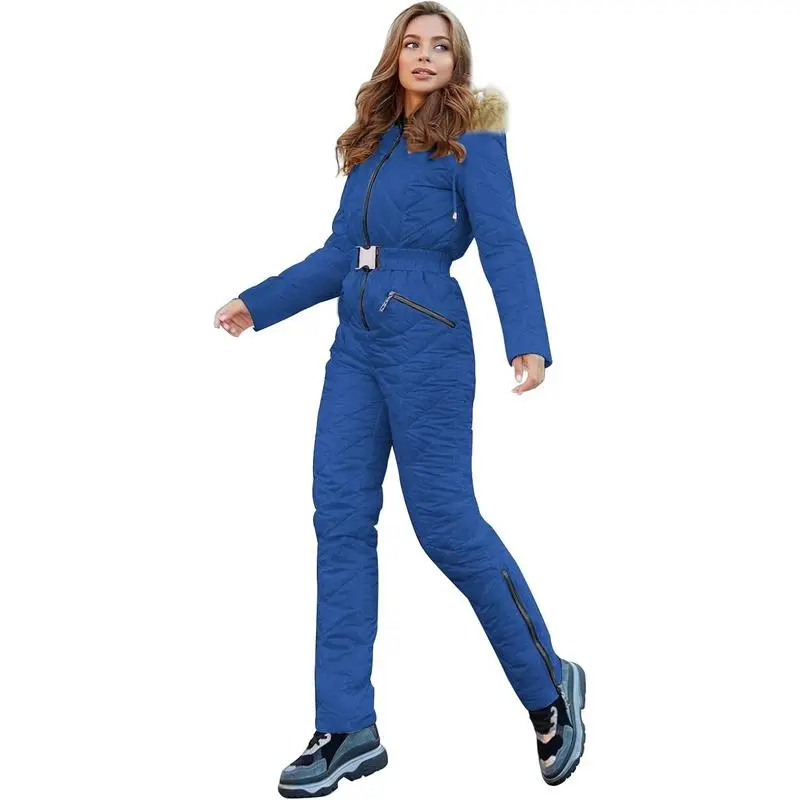 Women's Winter Ski Suit One-Piece Hooded Fur Collar Jumpsuit