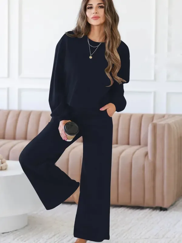 Women's Spring Fall Relaxed Fit 2-Piece Lounge Set | Long Sleeve Top & Wide Leg Pants