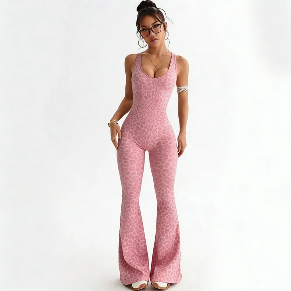 Women's Leopard Print Flared Workout Bodysuit