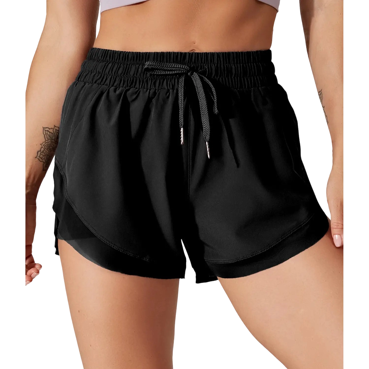 Women’s 2-in-1 Mesh Active Shorts – Flowy Overlay & Adjustable Drawstring
