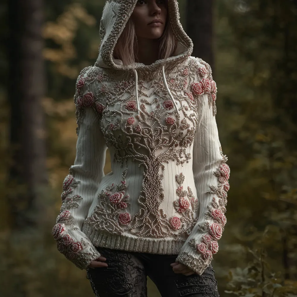 Women's Viking Style Tree Of Life Beaded Hooded Sweater