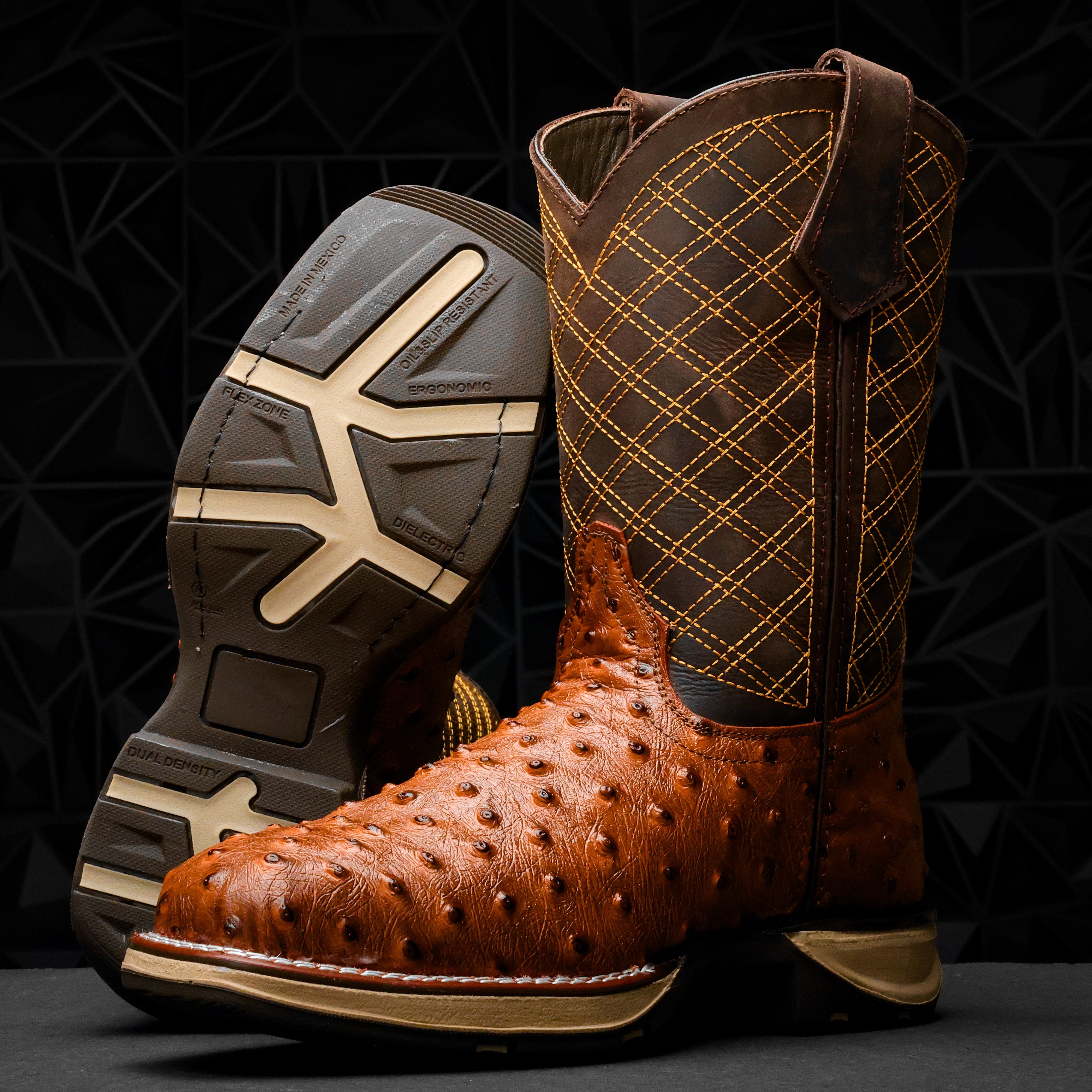 Cognac Ostrich Leather Boots With 3D Lightweight Sole - Composite Toe