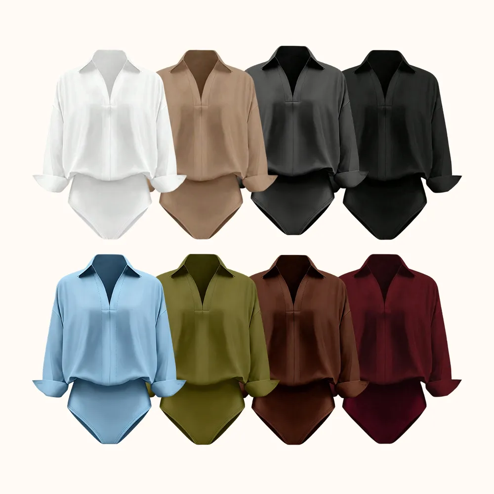 Women's casual loose V-neck long-sleeved shirt jumpsuit, elegant woven fabric, slim fit