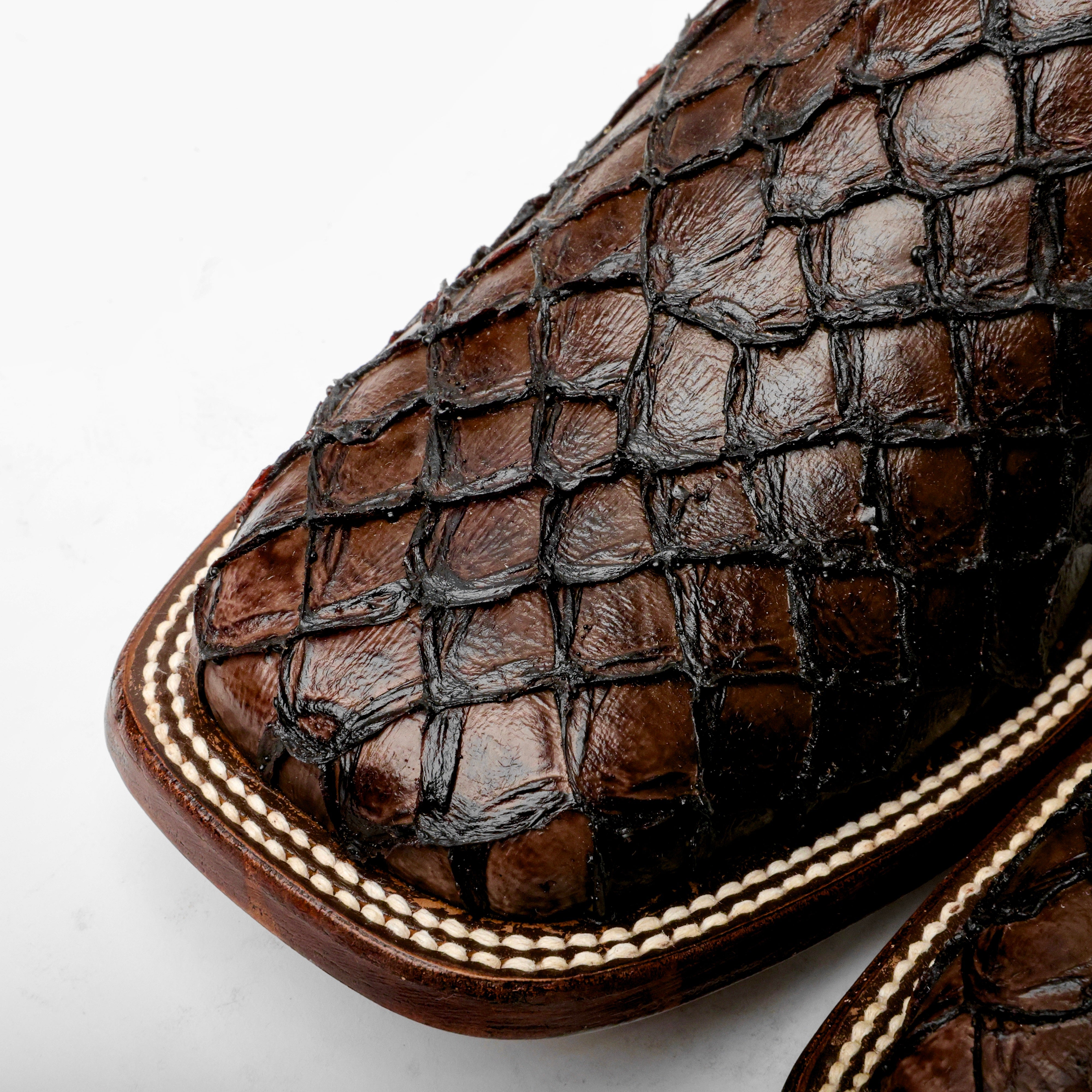 Chocolate Brown Mini Pirarucu Leather Boots - Square Toe