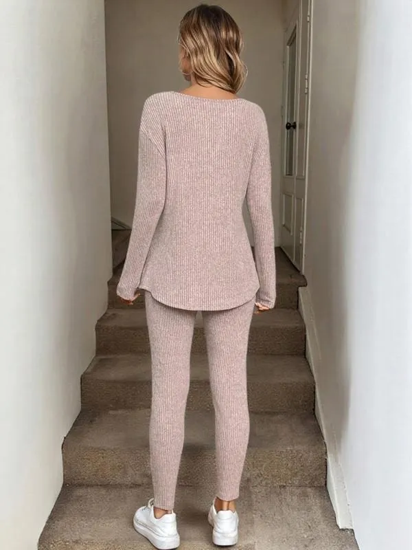 Women's Casual Plush Rib-Knit Long Sleeve T-Shirt And Leggings Suit
