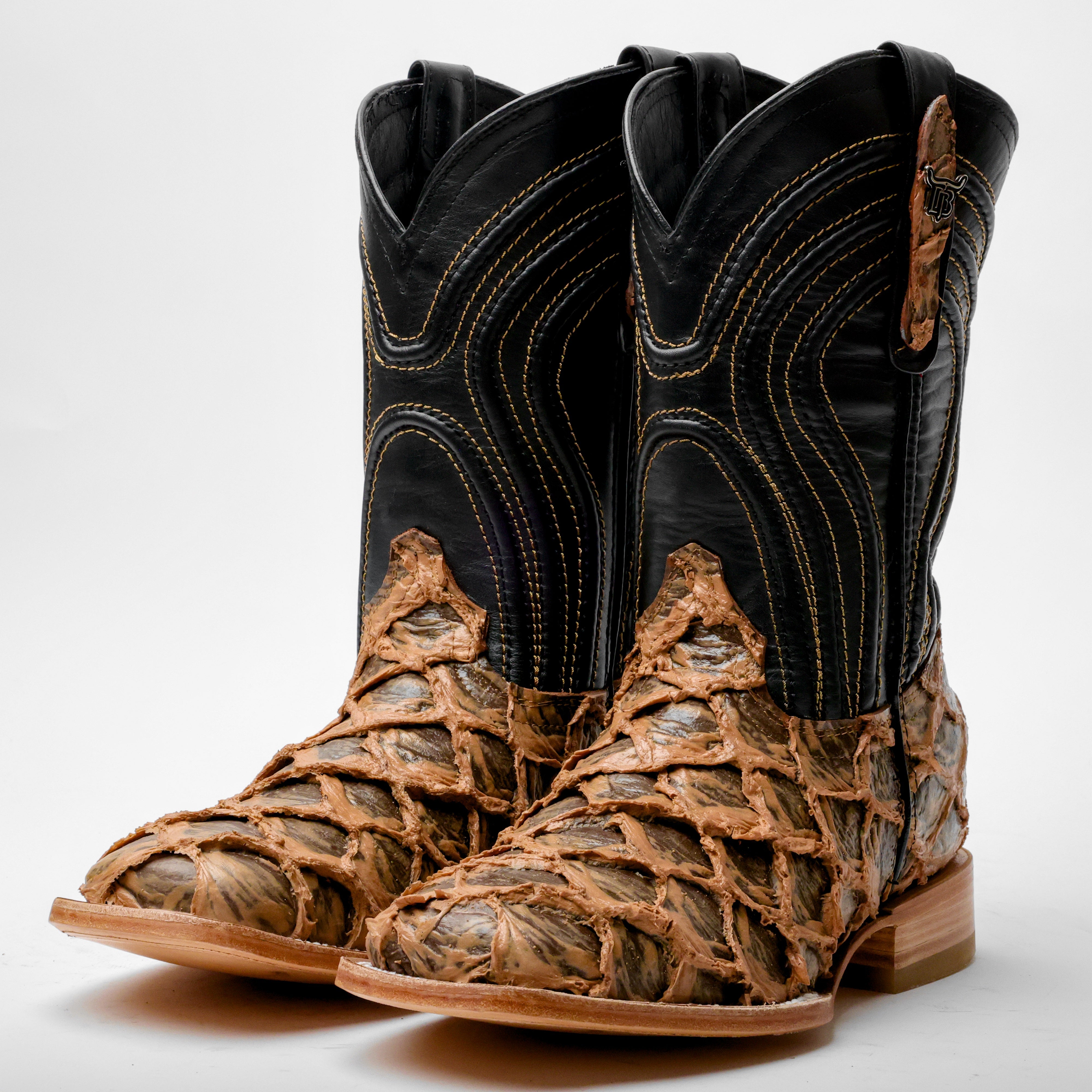 Light Brown Rustic Jumbo Pirarucu Leather Boots - Square Toe