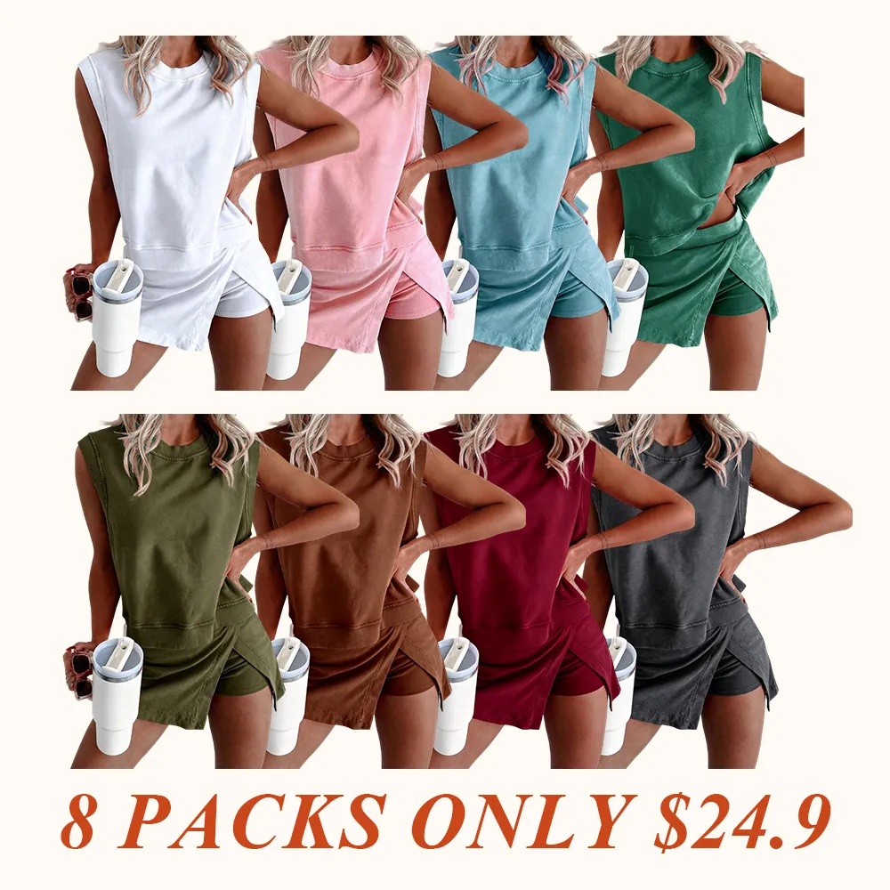 Summer Sets Women 2 Piece Outfits Shorts Tank Top and Casual Skort Lined Split Athletic Skirt Set