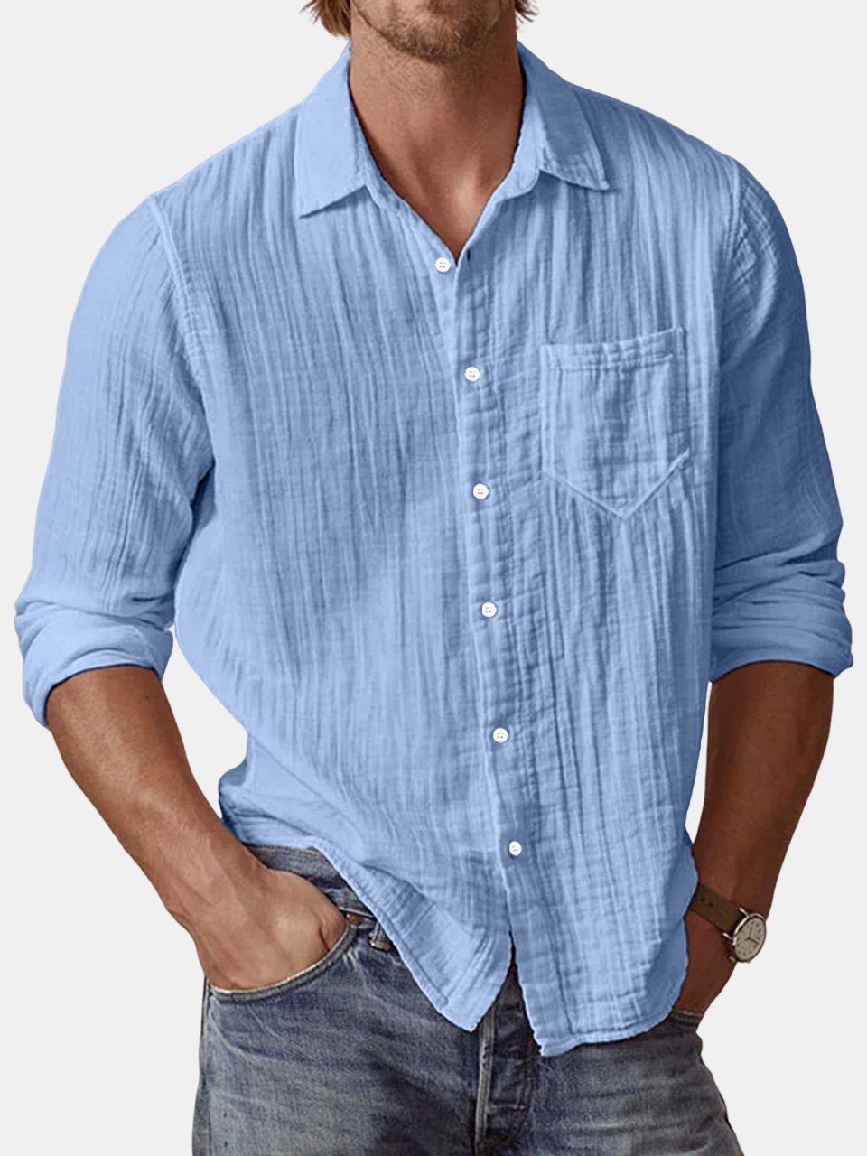 Men's Casual Textured Solid Color Comfortable Puff Wrinkle Long Sleeve Shirt