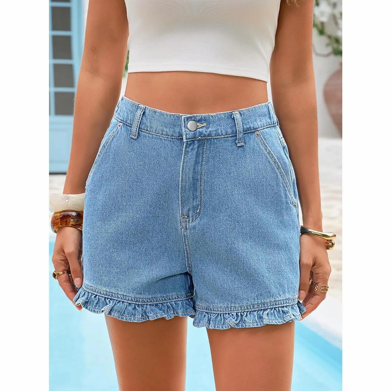 Women’s Summer Ruffle High-Waisted Denim Shorts