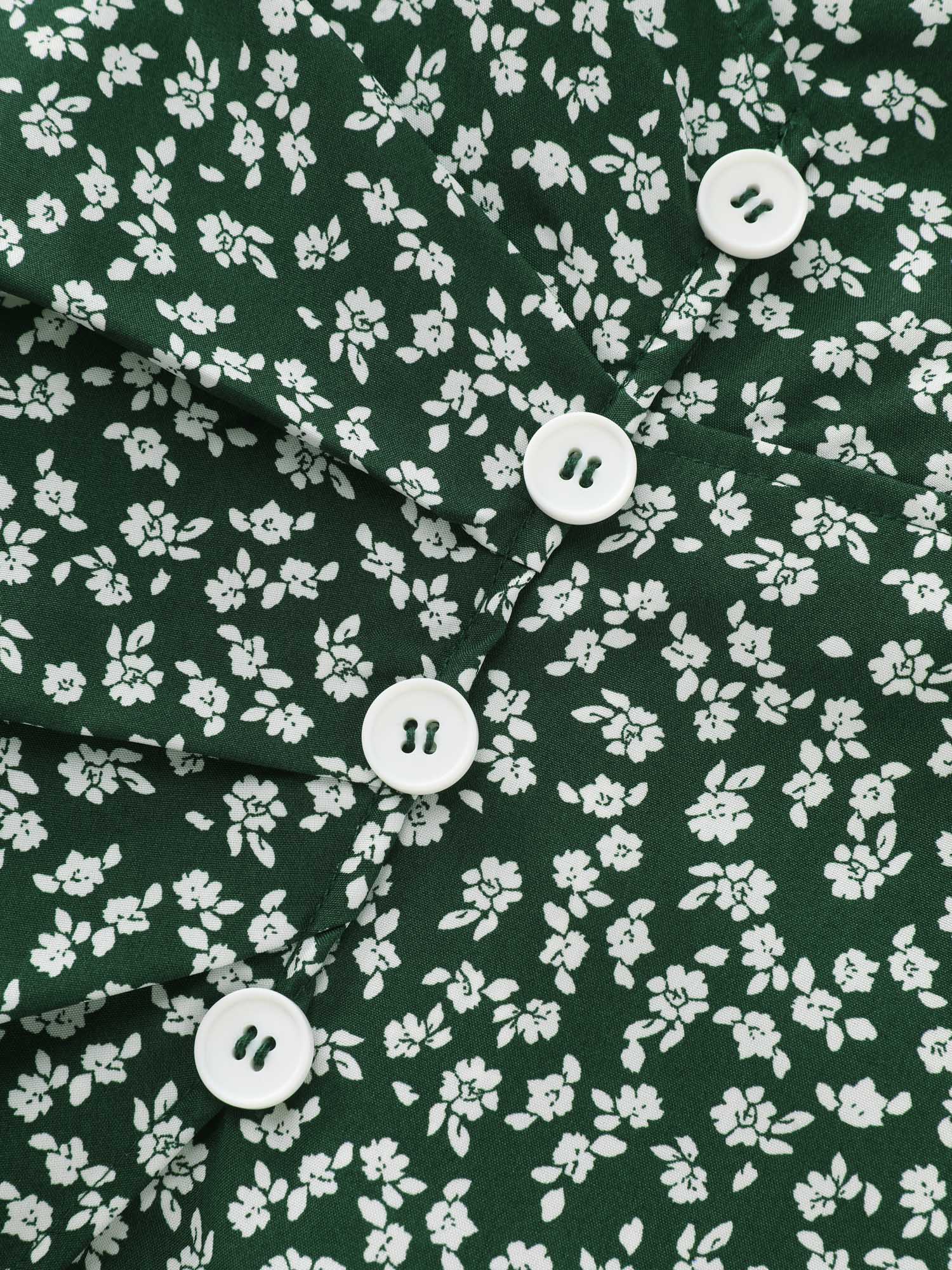 Micro Floral Print Ruched Button Detail Midi Dress