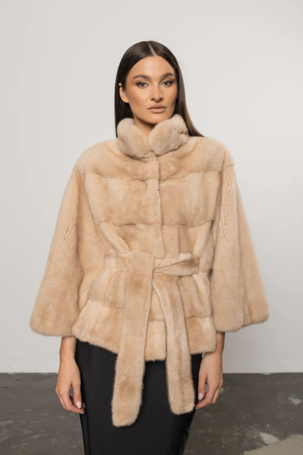 Haină din Blană Naturală de Vizon, cu Cordon, Femei, Pearl 405