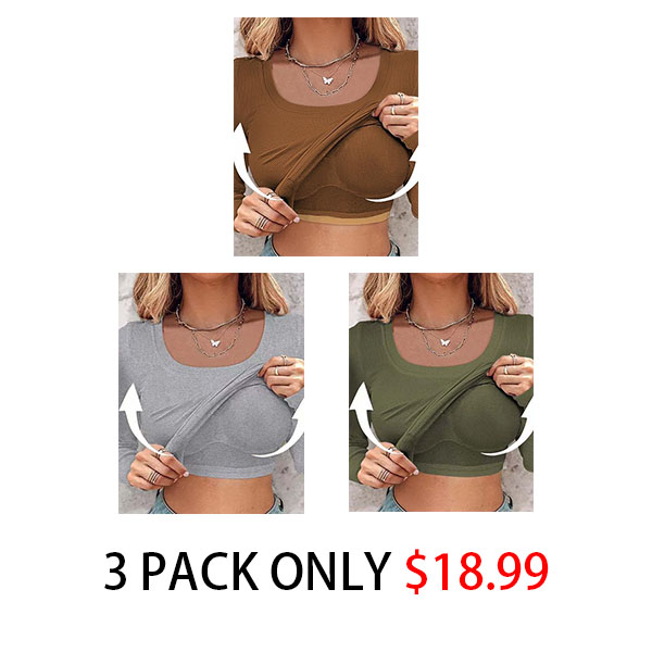 🍂🔥Womens U-Neck Built-in Bra Long Sleeve Ribbed Top Shirts Elegant Skinny Fit Fabric
