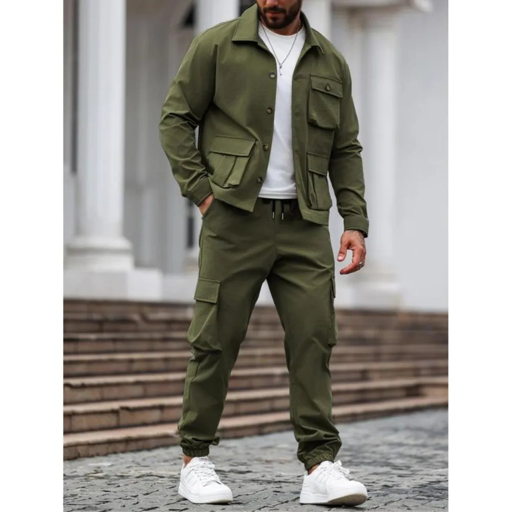 Men's Solid Color Pocket Button Front Jackets & Pants Two-Piece Set