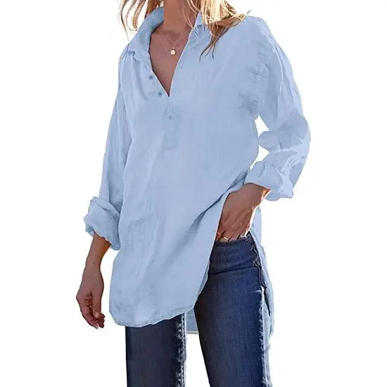 Womens Cotton Linen Tunic Shirts Button Down Long Sleeve Blouse Tops Beach Cover Up