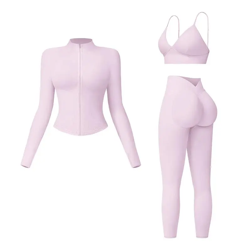 Women's Solid Criss Cross Crop Tank Top & High Waist Leggings & Zip Up Crop Jacket Tracksuit Set